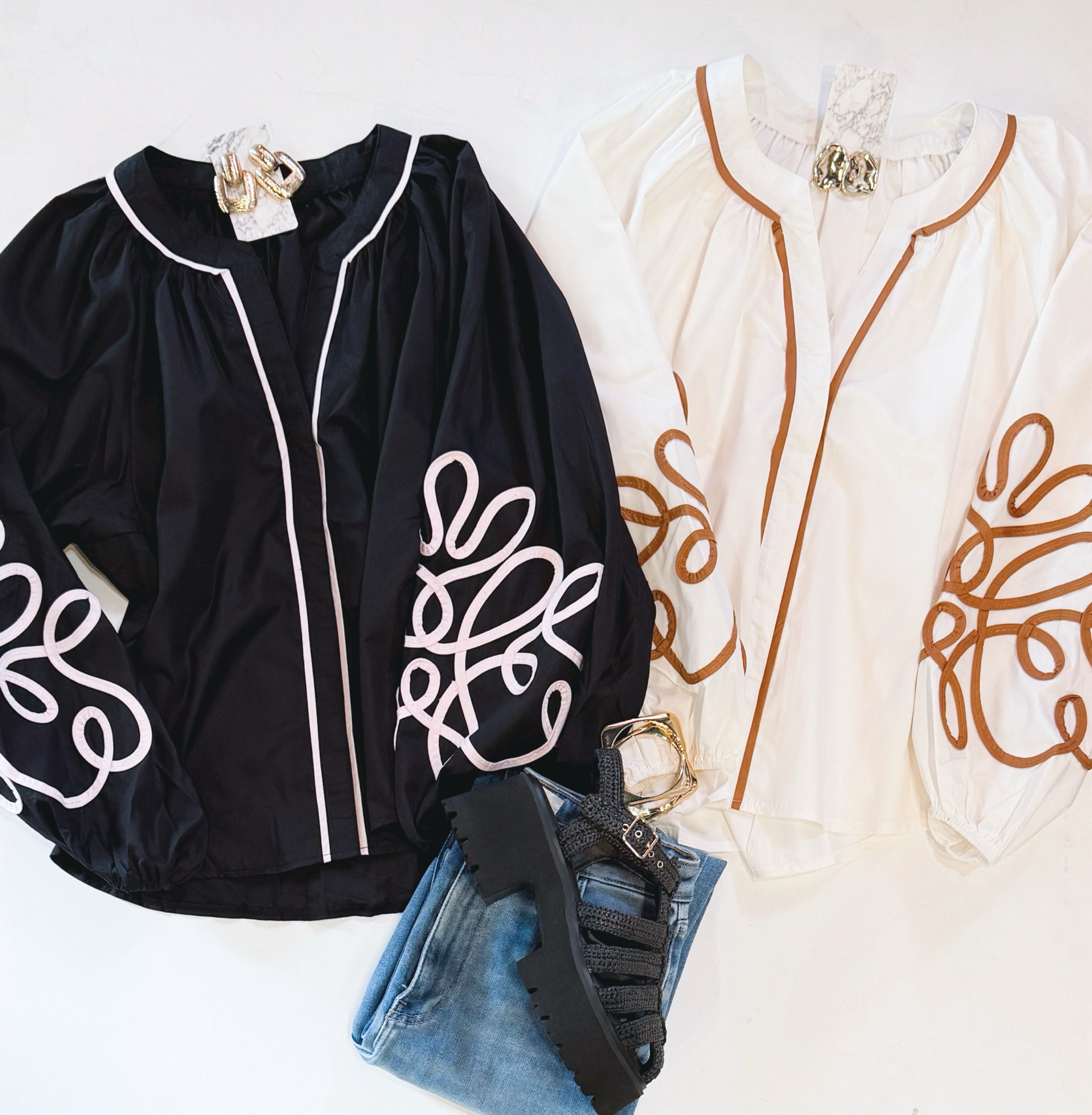 Wild West Embroidered Blouse (Black/Baby Pink)