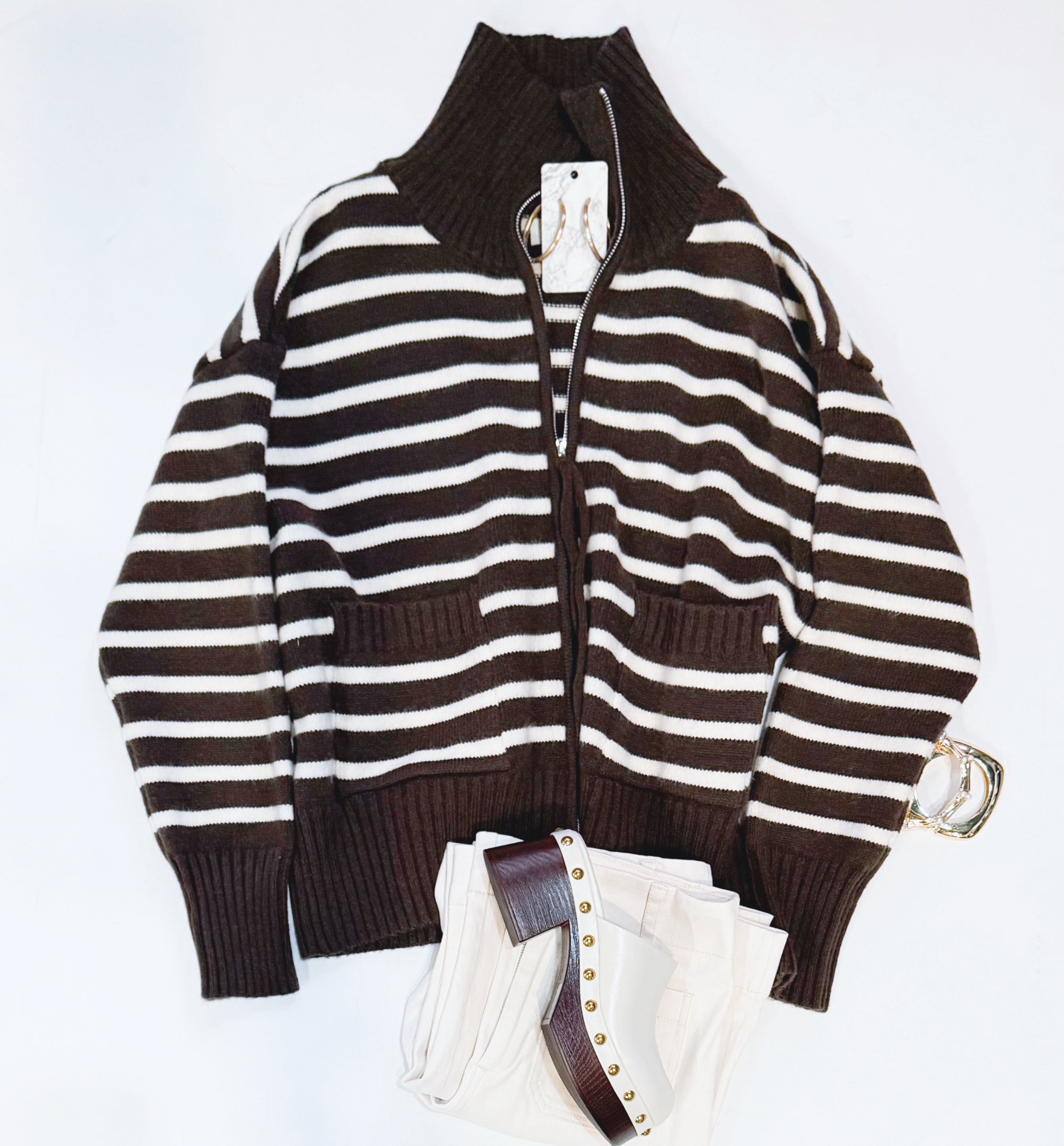 ESPRESSO STRIPE ZIP SWEATER