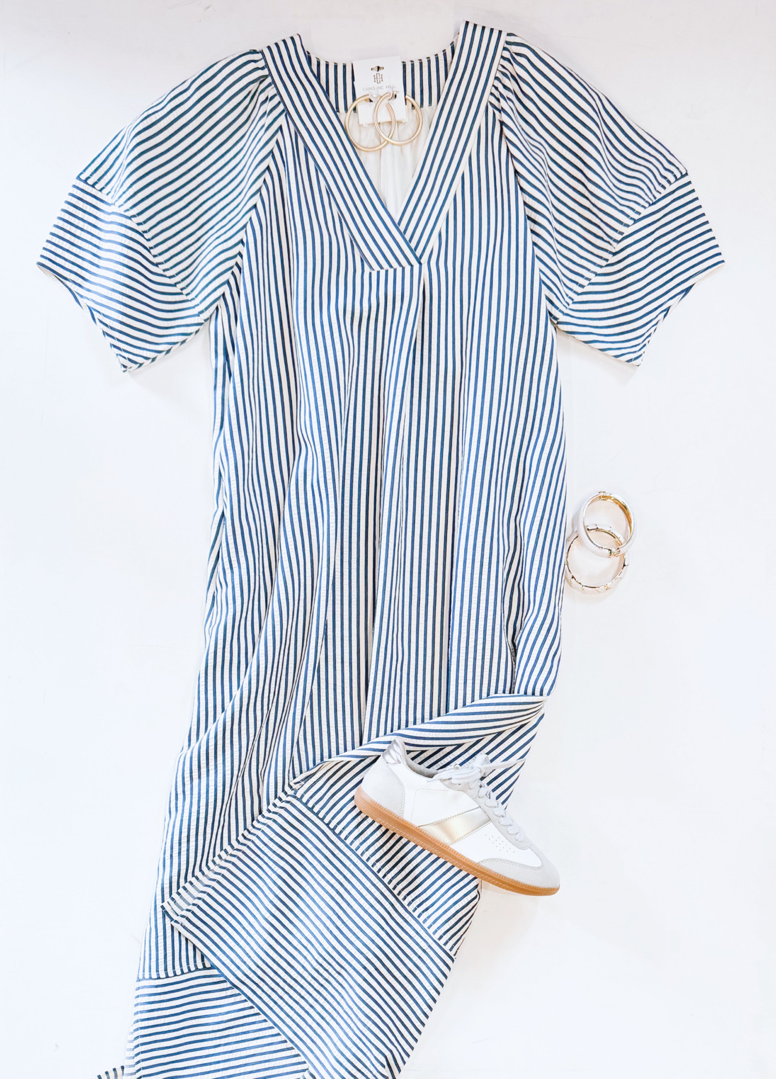 SEERSUCKER MIDI DRESS (NAVY)