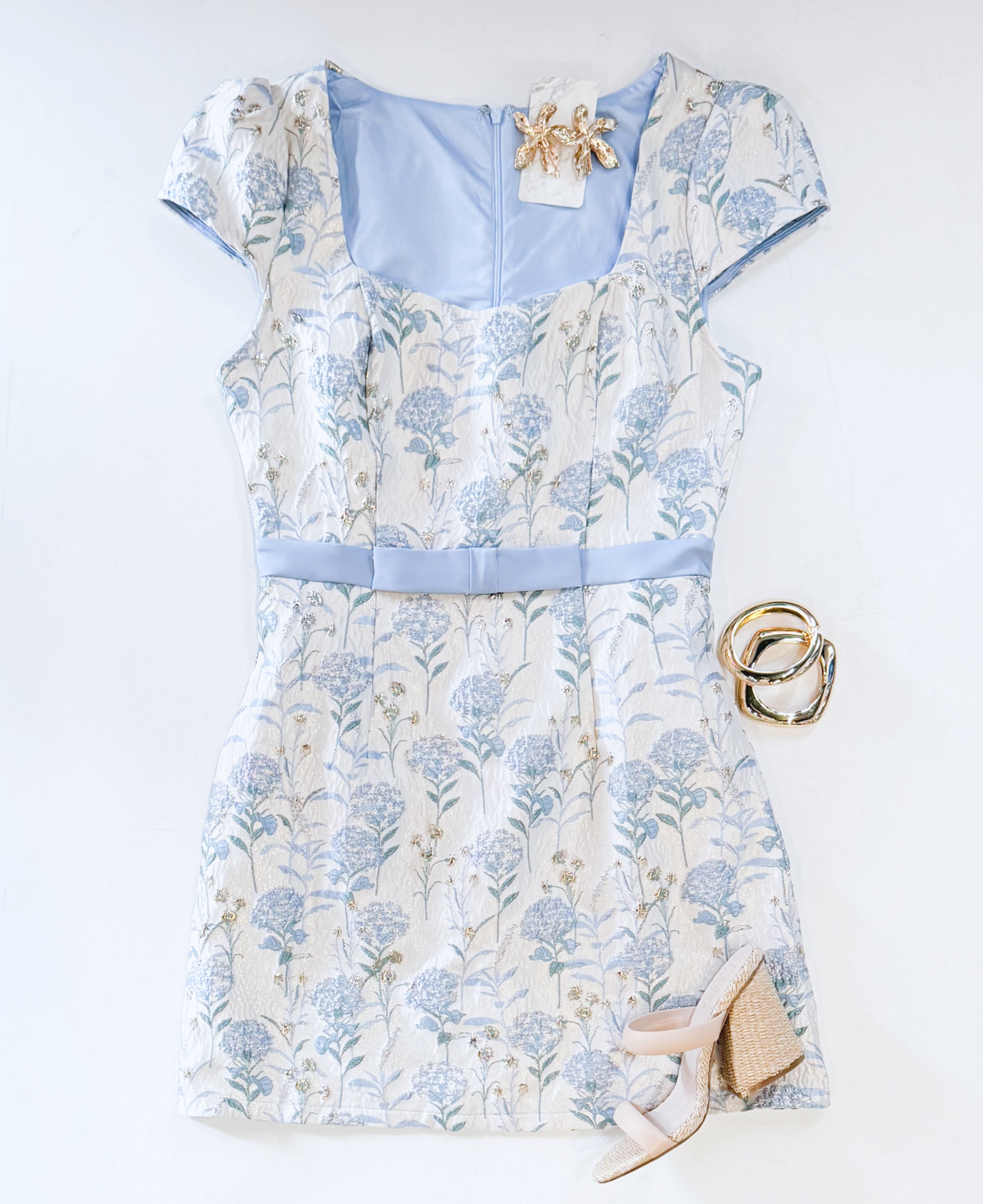 BLUE HYDRANGEA BROCADE DRESS