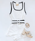 CLASS ACT BELTED ROMPER