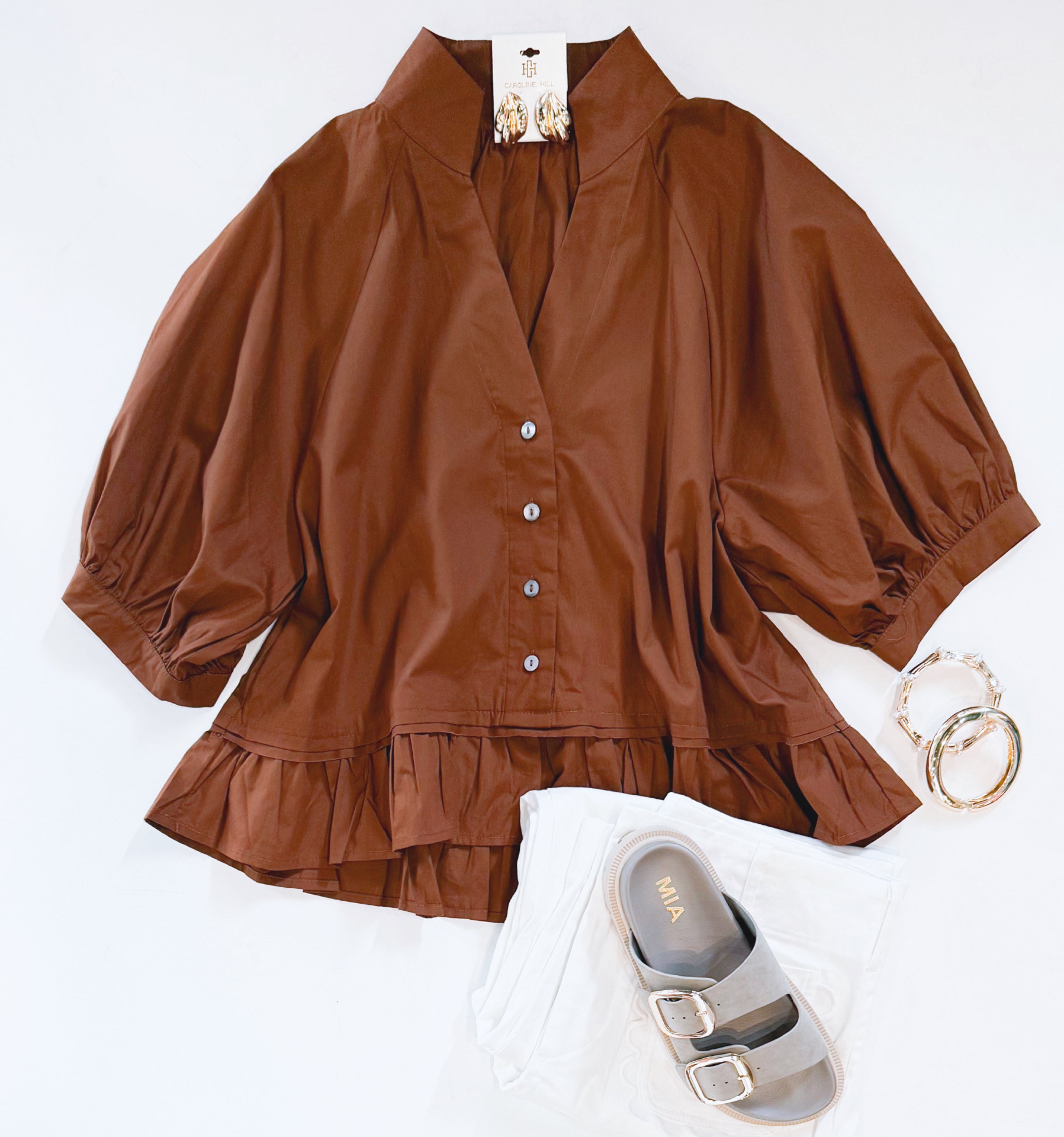 MOCHA MADDNESS RUFFLE BUTTONDOWN