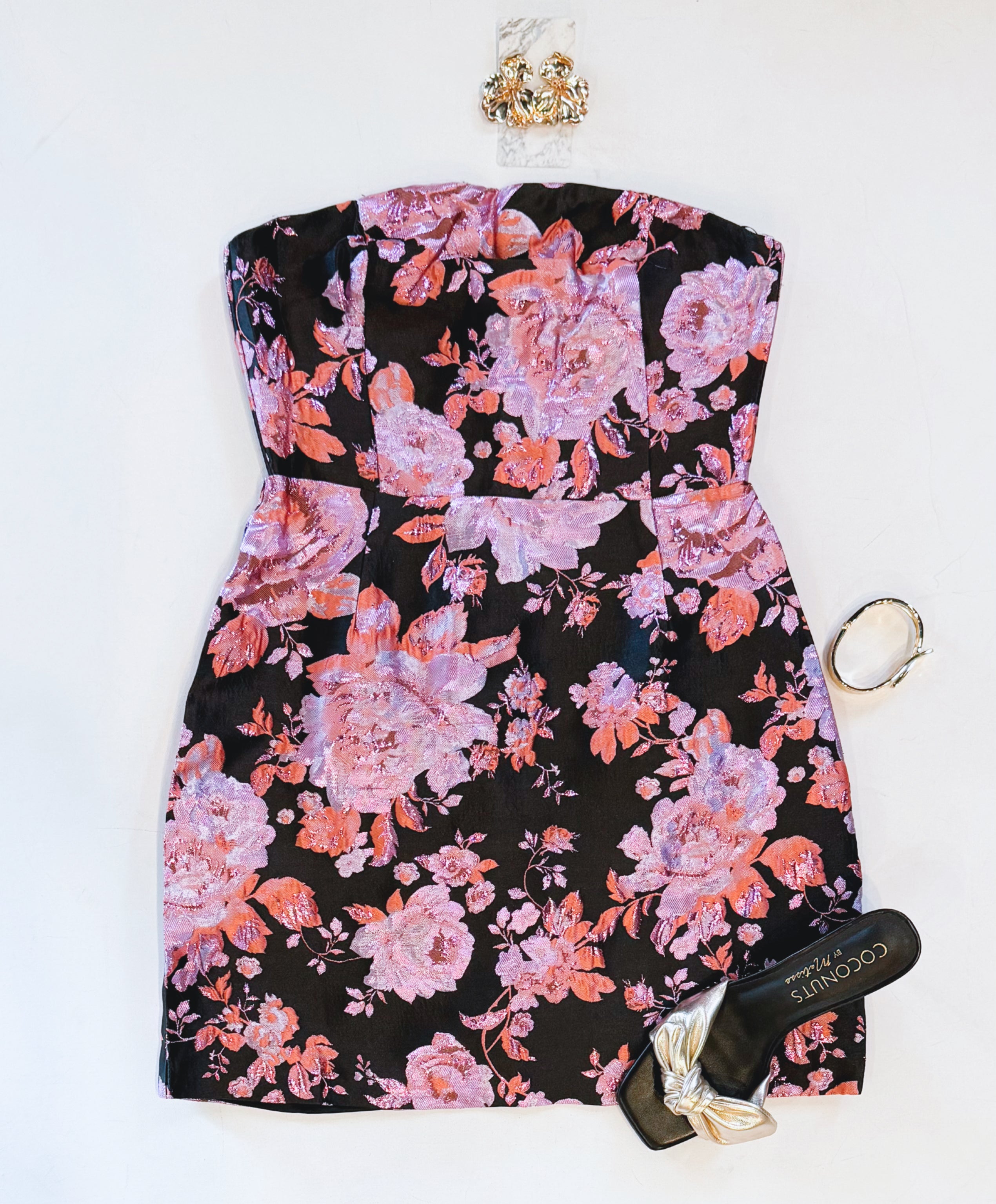 MIDNIGHT GARDEN STRAPLESS DRESS