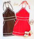 TOP STITCH GAMEDAY HALTER DRESS (RED)