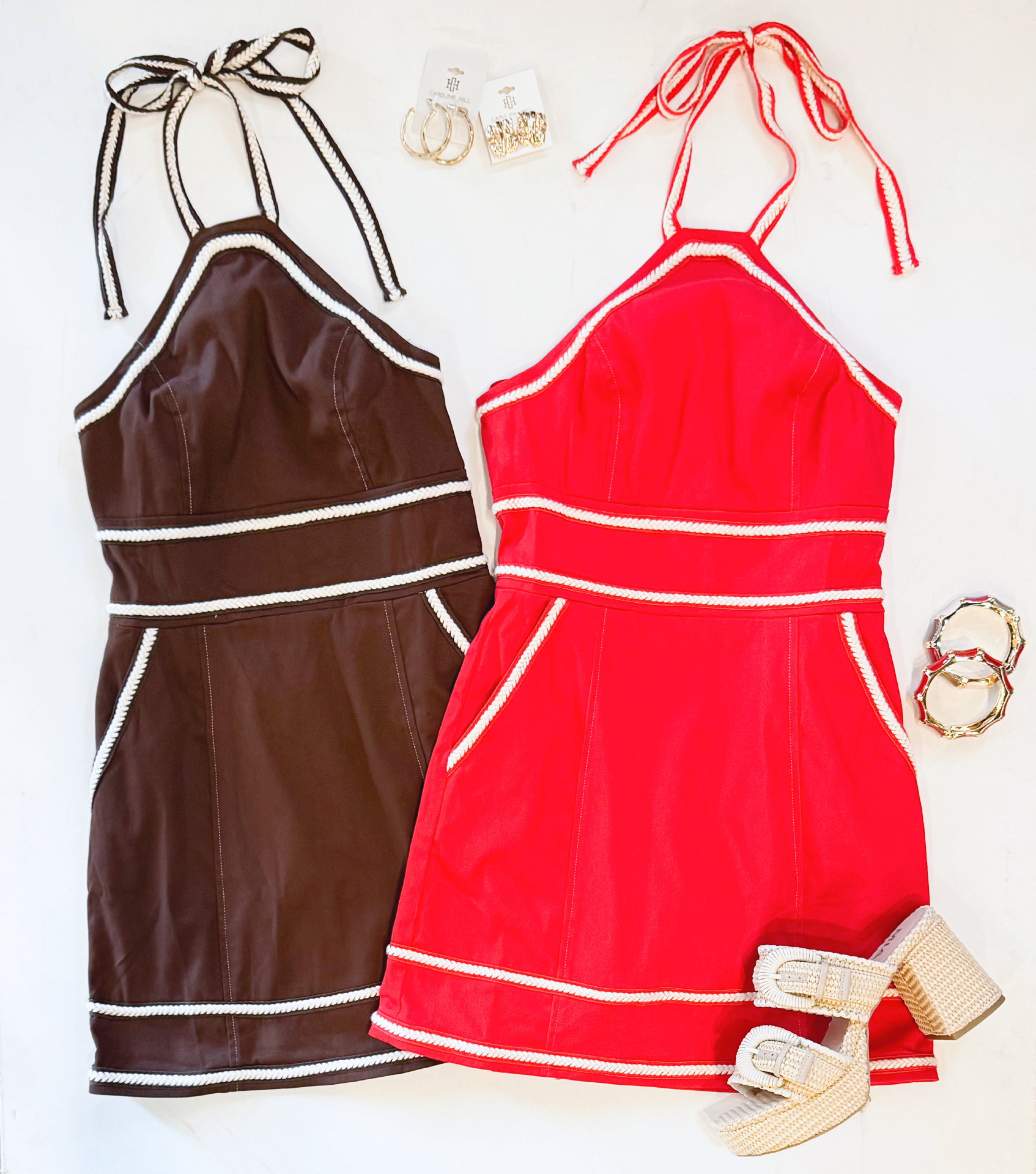TOP STITCH GAMEDAY HALTER DRESS (RED)