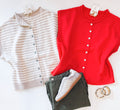 COLLEGIATE SLEEVELESS CARDI (TAN STRIPE)